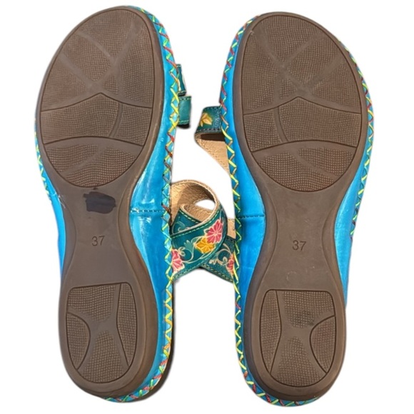 Socofy Colorful Handprinted Floral Boho Toe Ring Sandals Size 6 - Picture 8 of 12